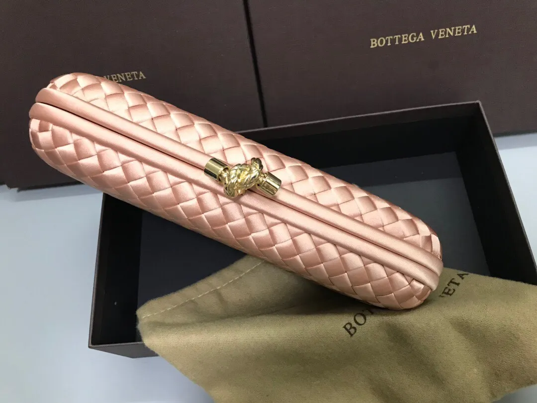 Style No. 8651, upgraded version of full silk evening bag inside and outside~~~INTRECCIATO woven IMPERO STRETCH KNOT clutch bag, hand-woven silk, smooth satin piping, Intrecciato engraved metal buckle, silk satin lining. Large size: 25cm*10cm*5cm